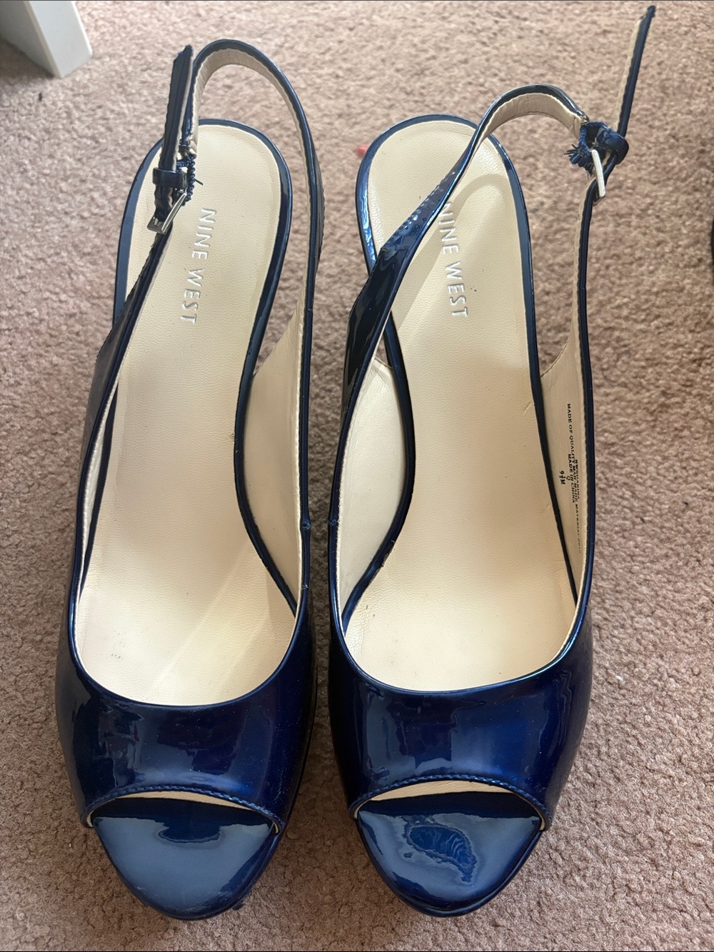 Nine West Navy Patent Peep-Toe Slingback Heels